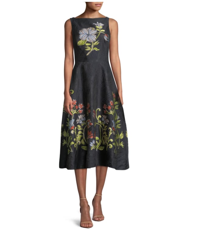 Lela Rose Sleeveless Boat-Neck Floral-Embroidered Jacquard Dress