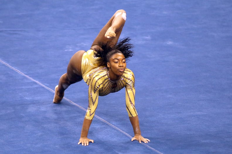 LOS ANGELES, CALIFORNIA - FEBRUARY 10: Chae Campbell of the UCLA Bruins competes on floor exercise during a meet against the BYU Cougars at Pauley Pavilion on February 10, 2021 in Los Angeles, California. (Photo by Katharine Lotze/Getty Images)