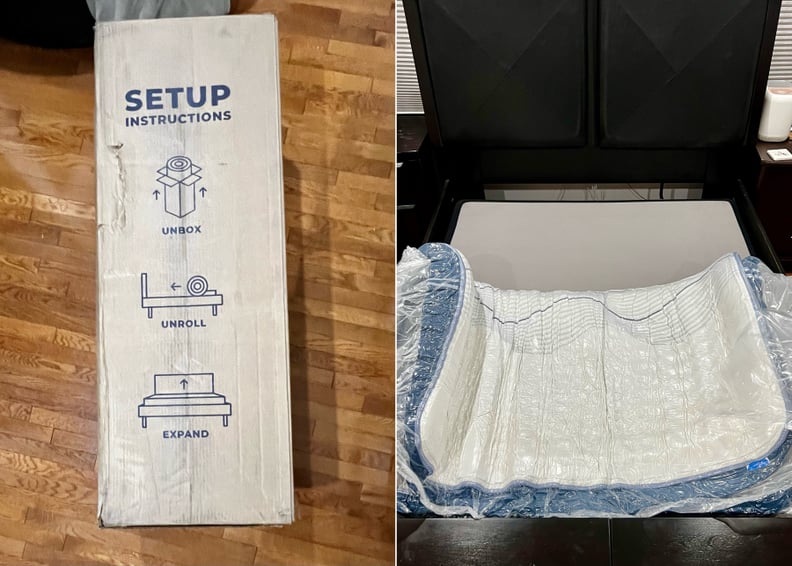 The box the Bear Elite Hybrid Mattress came in on the right. The Bear Elite Hybrid Mattress unrolled in a vacuum sealed wrap on the left.