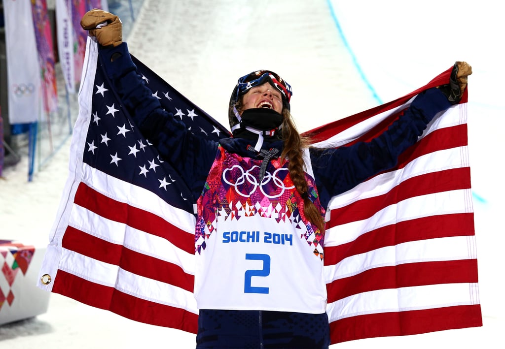 Maddie Bowman celebrated after winning the gold, holding up the American flag.