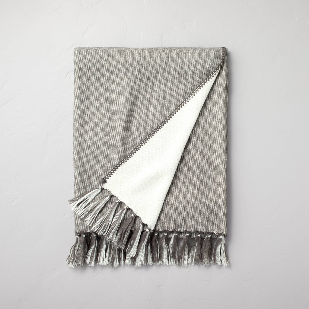 A Cosy Throw: Hearth & Hand With Magnolia Simple Centre Stripe With Knotted Fringe Throw Blanket