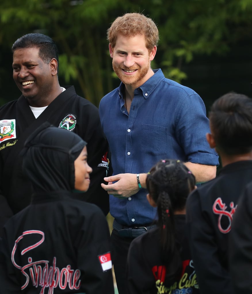 Prince Harry is on a roll! After meeting with Barack Obama and the team who will represent the UK at the Invictus Games, the 32-year-old royal touched down in Singapore on Sunday for his two-day trip. Upon his arrival, Harry stopped by the Jamiyah Education Centre, where he watched a martial arts match and looked in awe as the competitors took to the mat. He then took part in iftar (the breaking of the fast during Ramadan) by eating porridge and a dish of dates. 

    Related:

            
            
                                    
                            

            We Bet You Didn&apos;t Know That Prince Harry&apos;s Real Name Isn&apos;t Harry
        
    
Harry also paid tribute to the victims of Saturday's London Bridge attack that left 7 people dead and 30 injured. "Let peace and harmony prevail in communities all over the world," he said as the call to prayer was made by Islamic scholar Muhammad Rafiuddin Ismail. This is Harry's first time in Singapore, and during the rest of his trip, Harry is set to attend an Action for Aids reception as well as take part in the Sentebale Royal Salute Polo Cup.