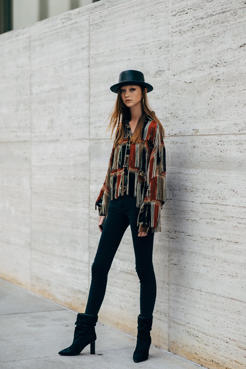 Fringe Jacket Outfit Idea: Top Hat + Slouch Boots