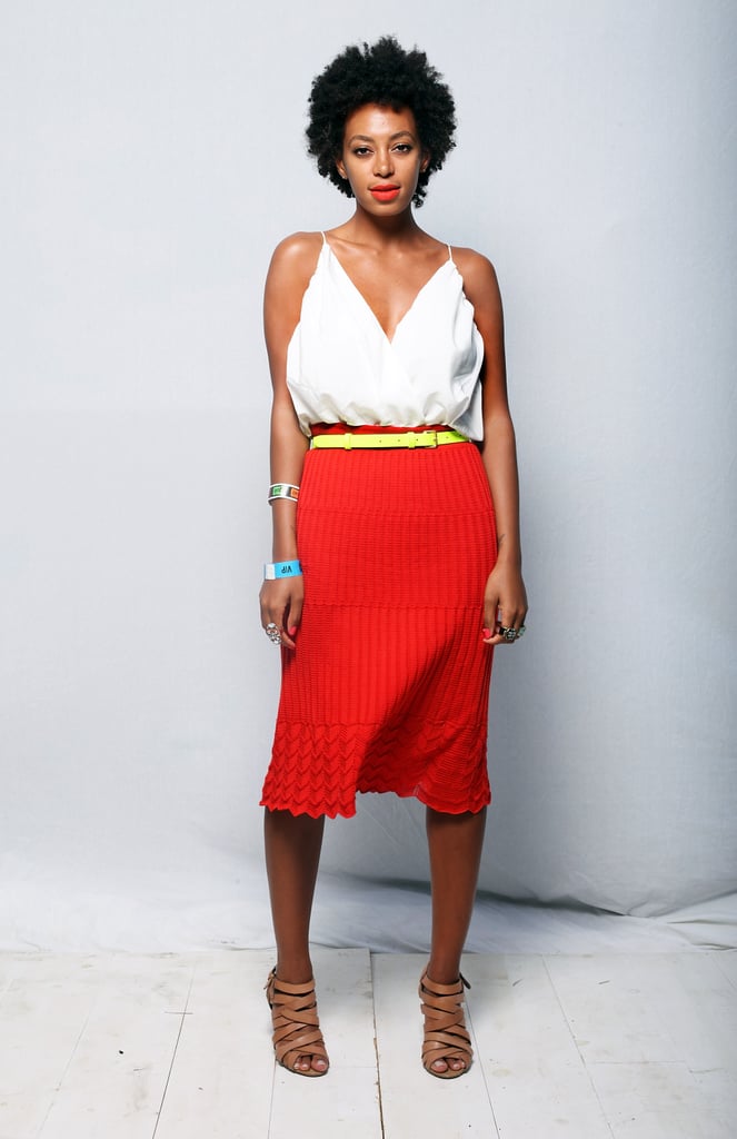 It's a fact: Solange knows how mix so-called plain pieces and make them into one hot ensemble. She tucked a low-cut white tank into a fire-engine-red pleated skirt and cinched the look with a yellow belt during the 2012 SXSW music festival. This is one color story we'd be happy to copy.