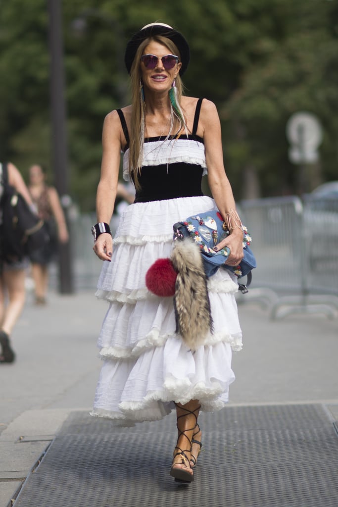Anna Dello Russo proved that when it comes to skirts, the more tiers the better.