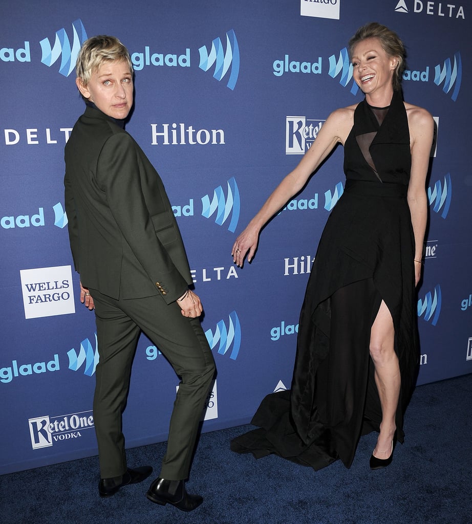 Ellen DeGeneres and Portia de Rossi had fun on the red carpet at the GLAAD Media Awards in LA on Saturday.