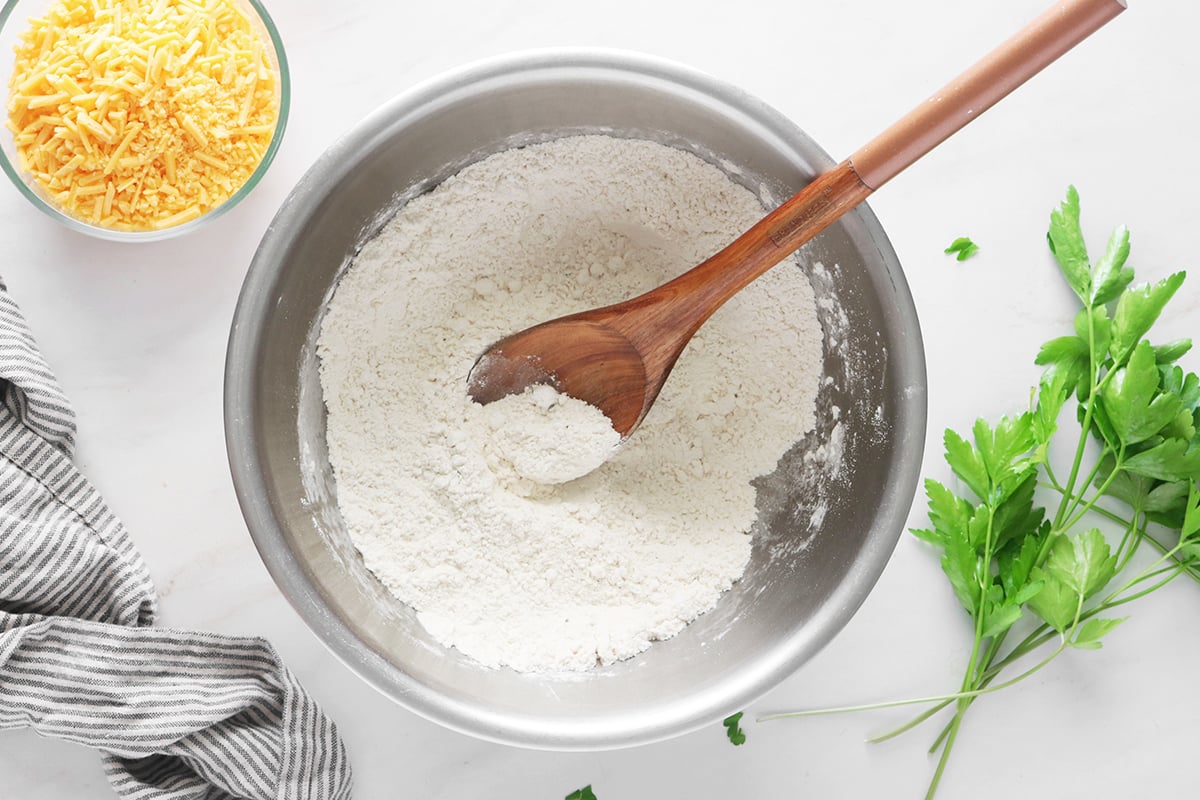 Dry ingredients in a stainless steel bowl