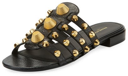 Balenciaga Mixed-Stud Leather Slide Flat Sandal
