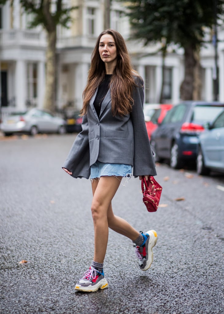 Wear Dad Sneakers With a Sophisticated Blazer and Denim Miniskirt