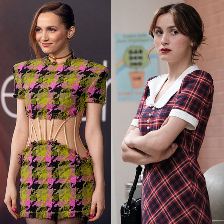 Left: Maude Apatow styled by Mimi Cuttrell for a pre-Emmys "Euphoria" event in a Versace look with Wolford tights. Right: Lexi Howard wears a Miu Miu plaid minidress on "Euphoria."