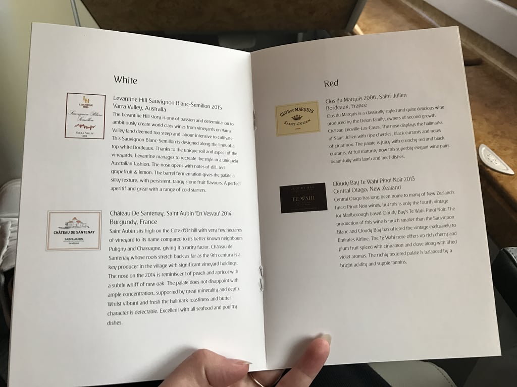 According to Emirates, "chefs use fresh, locally sourced ingredients to prepare your meals." Each meal has the option of wine pairings, as well complimentary cocktails, spirits, beers, and other hot and cold drinks. I sipped the Clos du Marquis Bordeaux option as well as the sparkling wine (Veuve Clicquot, one of my favorites) while digging into my meals.