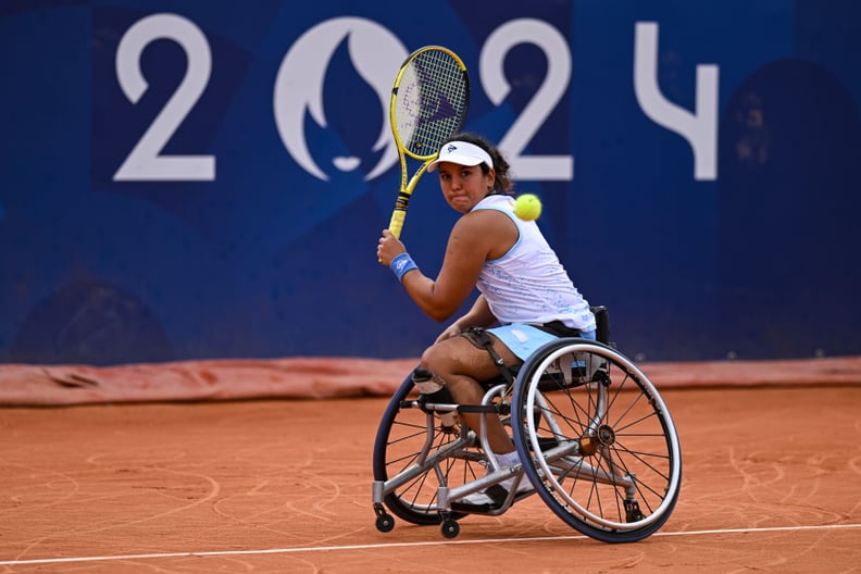 PARIS, FRANCE - AUGUST 31: Maria Florencia Moreno of Argentina in action against Saki Takamuro of Japan in the Women's Wheelchair Tennis Singles first round match on day three of the Paris 2024 Summer Paralympic Games at Roland Garros on August 31, 2024 i