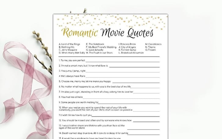 Romantic Movie Quotes Printable Bridal Shower Game  Printable Bridal Shower Games  POPSUGAR