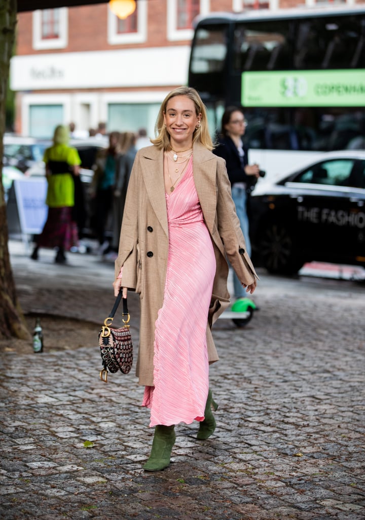 Fall Outfit Idea: Tan Jacket + Pink Maxi Dress