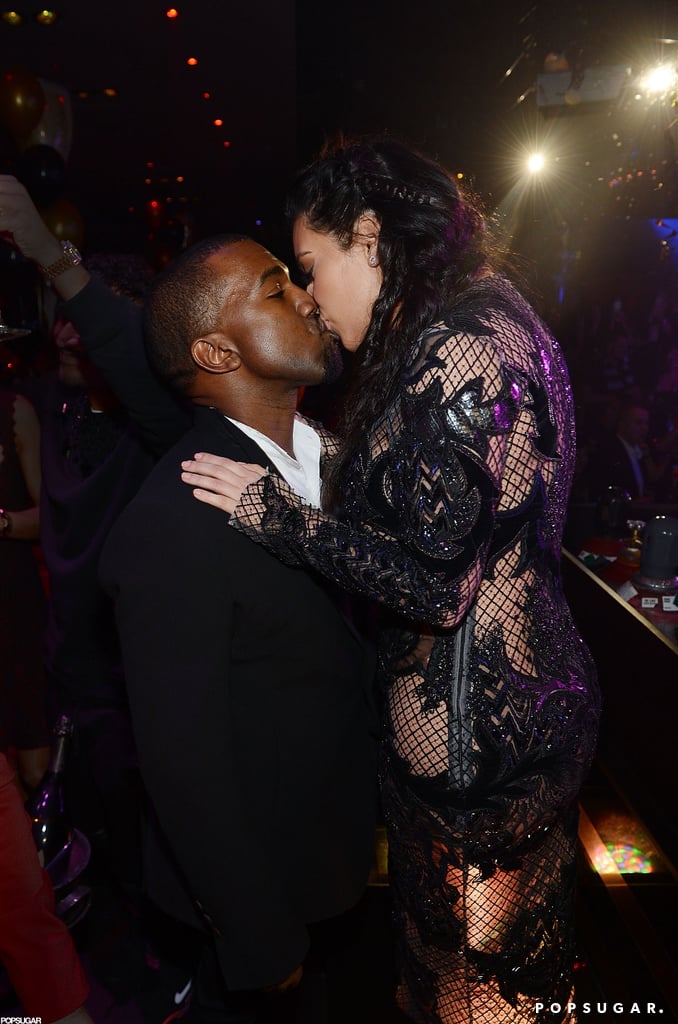 Kanye West and Kim Kardashian had lots to share affection over after announcing their pregnancy news on New Year's Eve 2013 in Las Vegas. Kanye West and Kim Kardashian had lots to share affection over after announcing their pregnancy news on New Year's Eve 2013 in Las Vegas.
