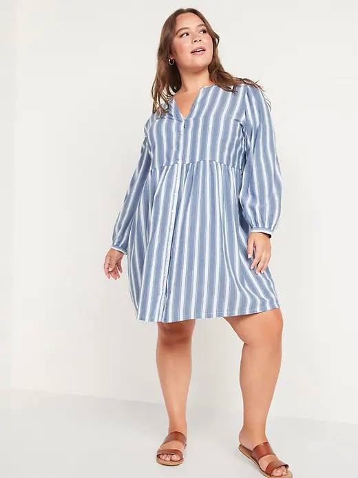 Long-Sleeve Button-Down Mini Swing Dress