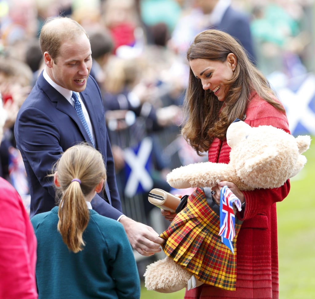 Prince William and Kate Middleton admired a teddy bear from a fan on Thursday in Scotland.
