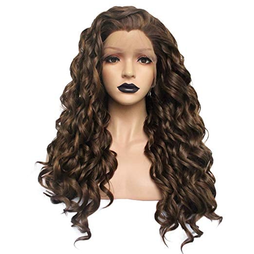 Anogol Dark Brown Side Part Curly Wig