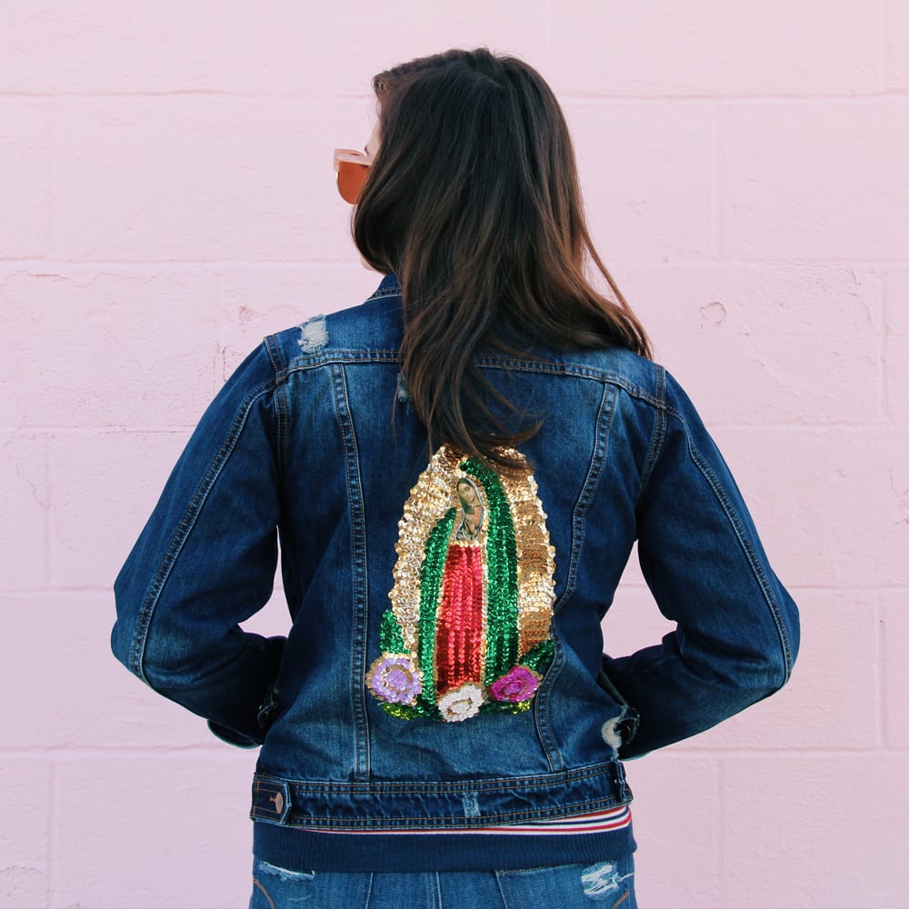 Hija de tu Madre Virgencita Jacket in Distressed Blue Wash ($78)