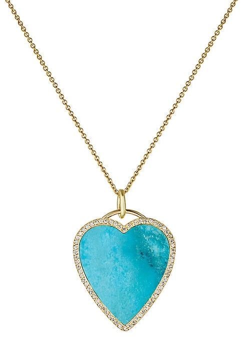 White Diamond and Turquoise Heart Pendant Necklace