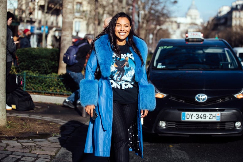 Paloma Elsesser in a Blue Leather Coat