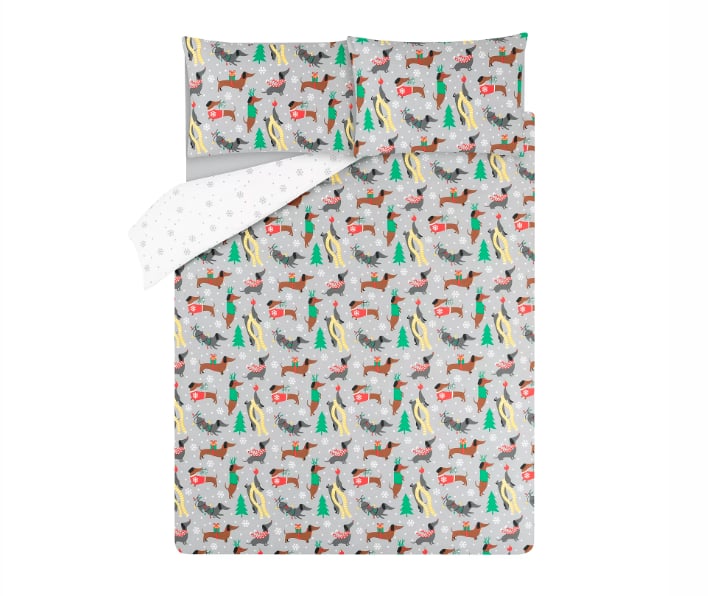 George Home Grey Christmas Sausage Dog Easy Care Duvet Set