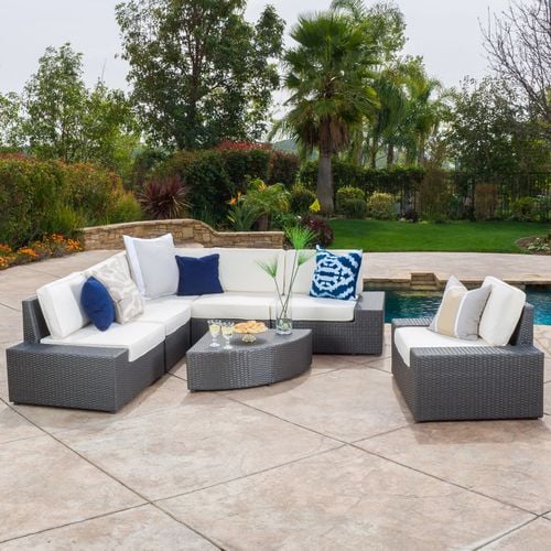 Cabo 7-Piece Gray Wicker Sofa Set with White Cushions