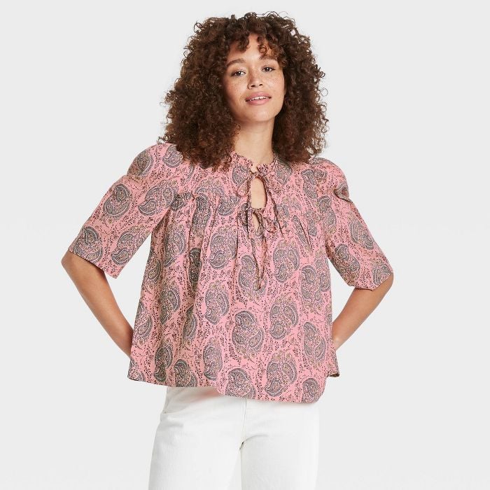 Breezy Blouse: Universal Thread Puff Short Sleeve Tie Neck Blouse