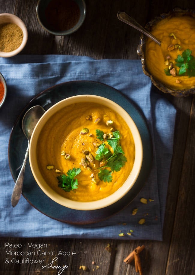 Moroccan Cauliflower Soup With Carrots, Apples, and Pistachio Cream