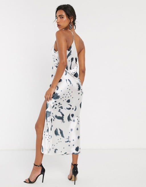 asos design one shoulder midaxi dress in satin with drape back