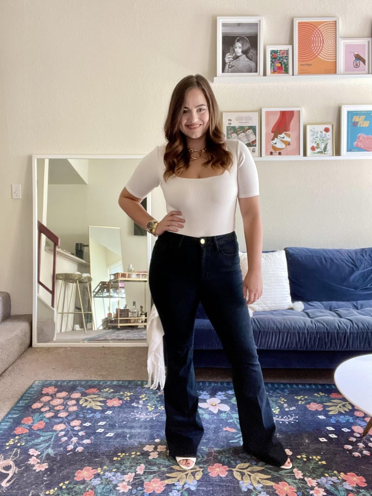 "I think I just found my new go-to pair of jeans for fall. I am typically a 29 or 30 in denim, so I opted for the size two in these pants. They are stretchy but don't bag out, making them great to wear over bodysuits. The high-rise fit sits right above my belly button, and the longer length looks cool with heels. Overall, the fit is great, and I would definitely come back for more washes of these jeans. We found a winner!" — Macy Cate Williams, senior editor, commerce