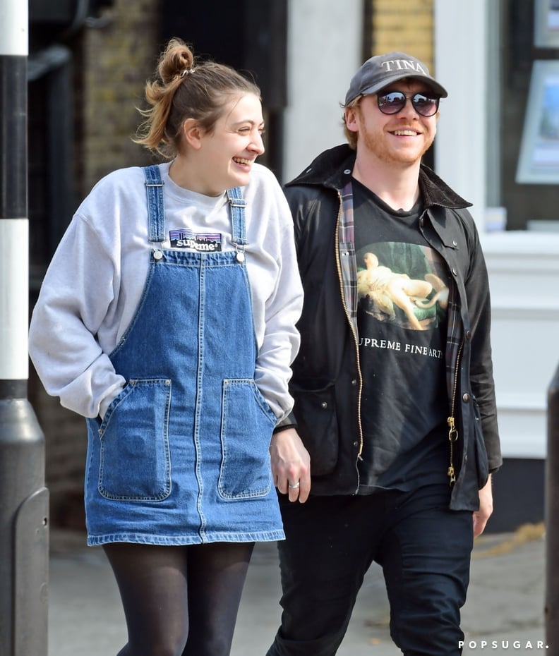 London, UNITED KINGDOM  - *EXCLUSIVE*  -  Harry Potter actor Rupert Grint and longtime girlfriend Georgia Groome pictured out enjoying lunch together and both sporting wedding bands. The loved up couple were out with friends having a great time at a very 