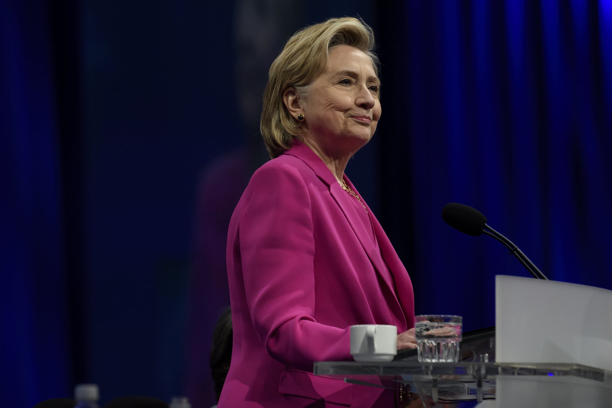 PITTSBURGH - JULY 13: Former Secretary of State Hillary Clinton speaks to the audience at the annual convention of the American Federation of Teachers Friday, July 13, 2018 at the David L. Lawrence Convention Center in Pittsburgh, Pennsylvania. (Photo by Jeff Swensen/Getty Images)