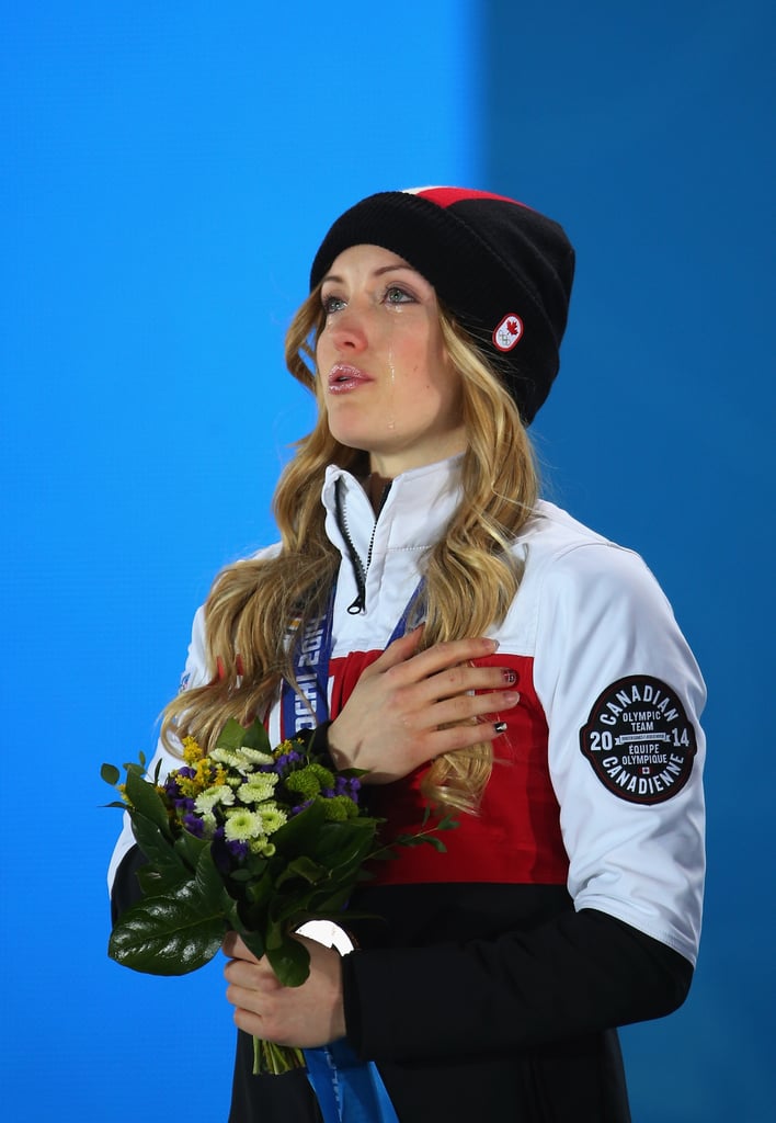 Justine Dufour-Lapointe became emotional during the medal ceremony for the women's moguls final, where she took home the gold.
