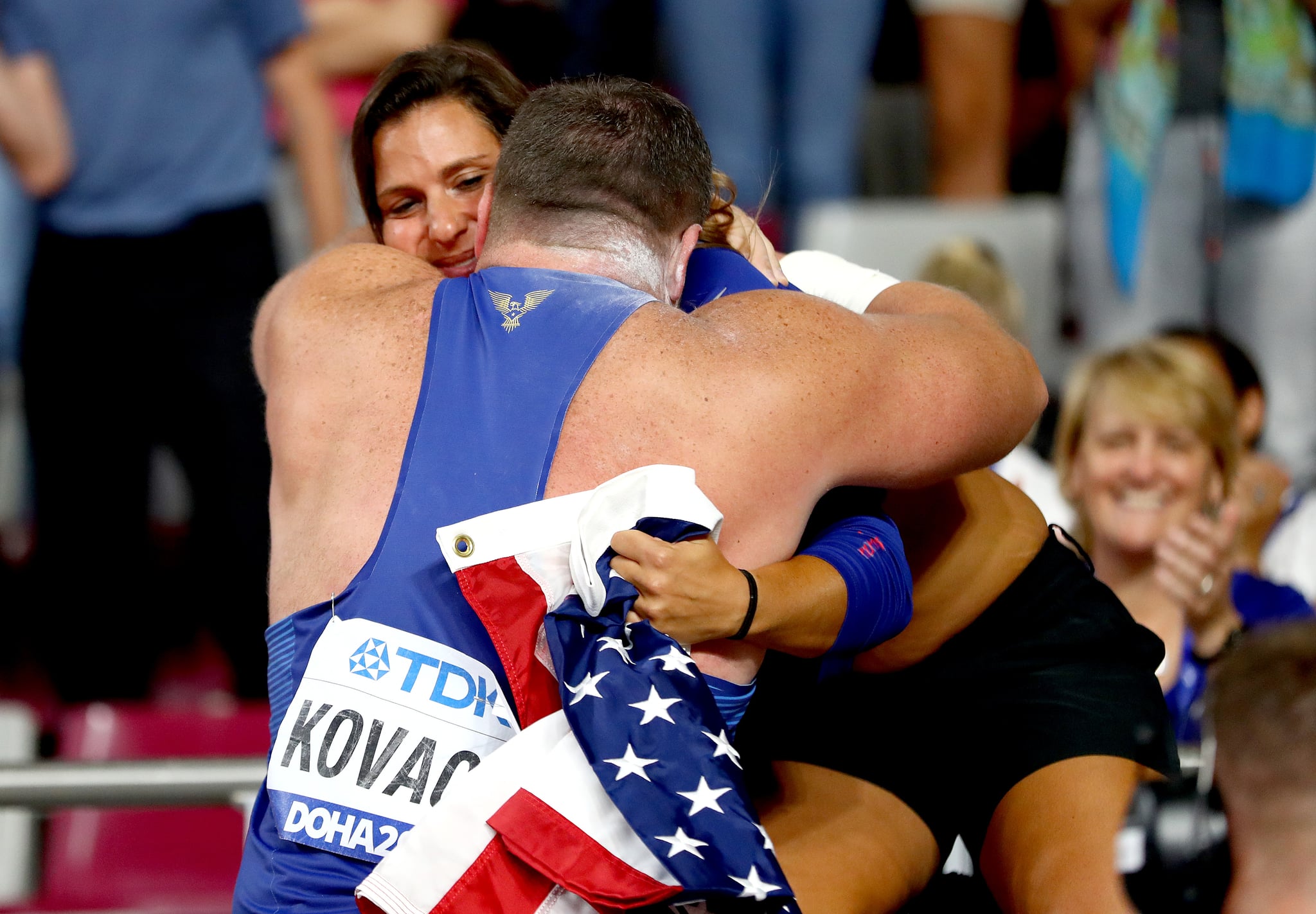 DOHA, QATAR - OCTOBER 05:  Joe Kovacs, gold, of the United States celebrates his championship record in the Men's Shot Put final during day nine of 17th IAAF World Athletics Championships Doha 2019 at Khalifa International Stadium on October 05, 2019 in Doha, Qatar. (Photo by Michael Steele/Getty Images)