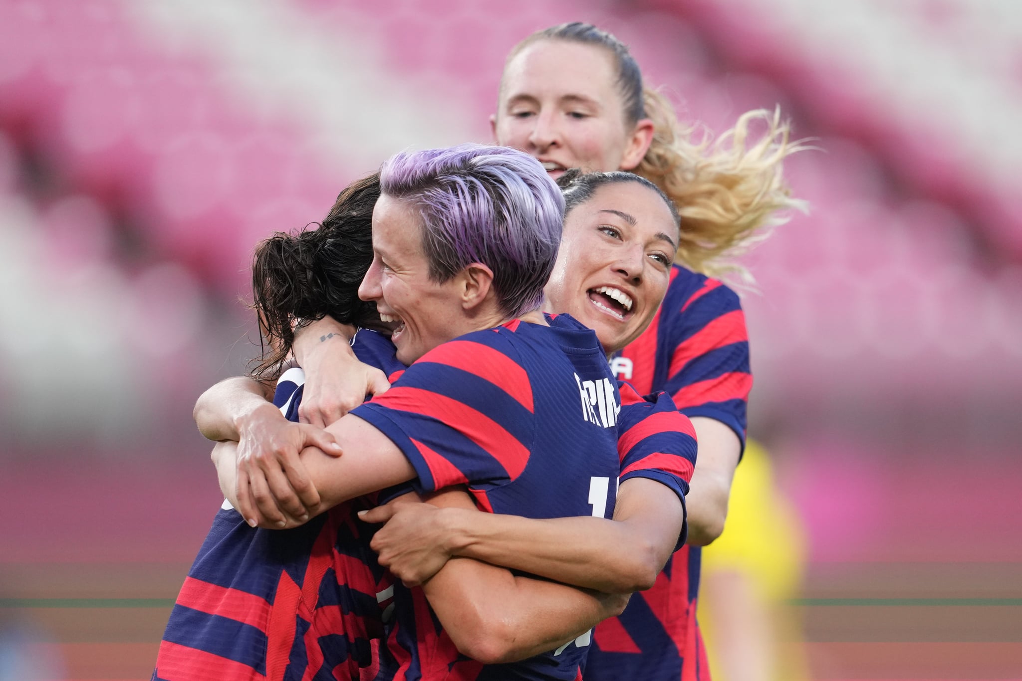 KASHIMA, JAPAN - AUGUST 5: Carli Lloyd #10 of the United States celebrates scoring with teammates during a game between Australia and USWNT at Kashima Football Stadium on August 5, 2021 in Kashima, Japan. (Photo by Brad Smith/ISI Photos/Getty Images)