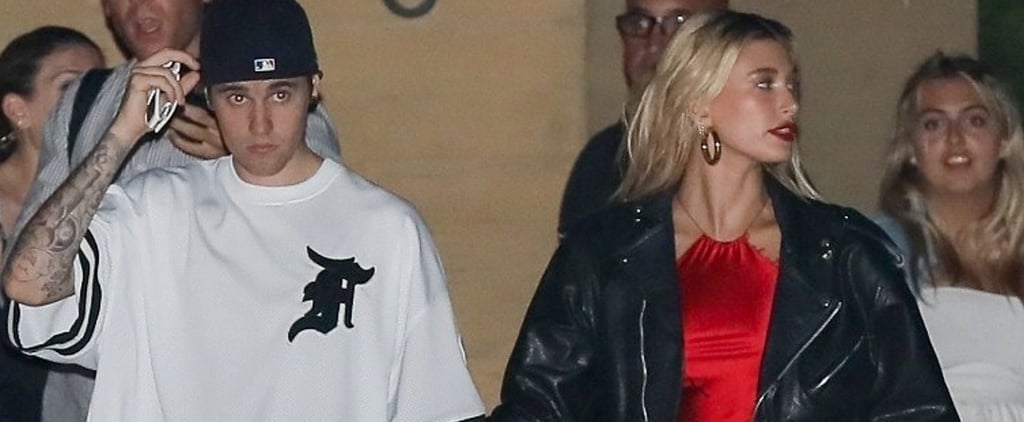 Hailey Baldwin Red Dress and Leather Jacket With Justin 2019