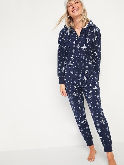 Patterned Micro Performance Fleece Hooded One-Piece Pajamas for Women