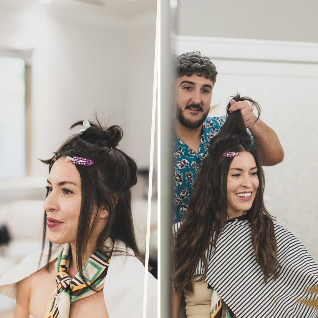 Before and during hair extensions
