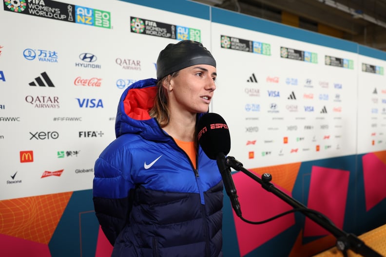 WELLINGTON, NEW ZEALAND - JULY 27: Danielle Van De Donk of Netherlands is interviewed in the mixed zone after the 1-1 draw in the FIFA Women's World Cup Australia & New Zealand 2023 Group E match between USA and Netherlands at Wellington Regional Stadium 