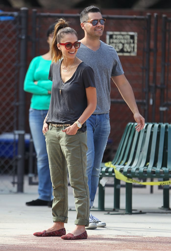 Jessica Alba in Army-Green Khakis and Printed Driving Loafers