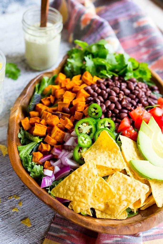 Sweet Potato Taco Salad with Pepper Greens and Jalapeno Ranch