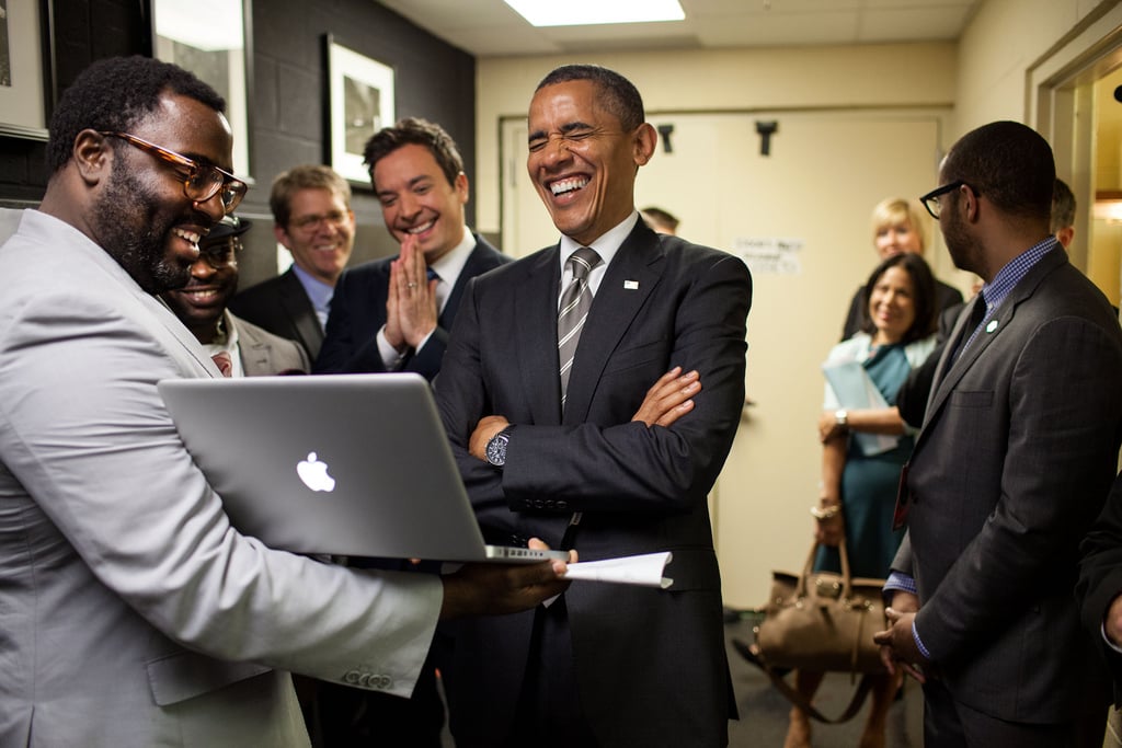 In April 2012, President Obama cracked up alongside Jimmy Fallon while talking to the producers of Late Night With Jimmy Fallon about the pair's "Slow Jam the News" segment.
Source: Flickr user The White House