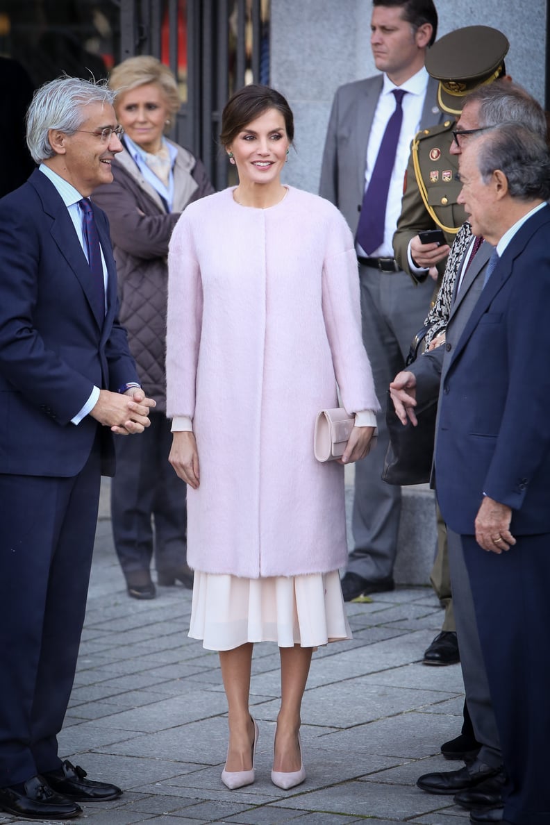 Queen Letizia Wore a Pink Furry Coat Over Her Dress