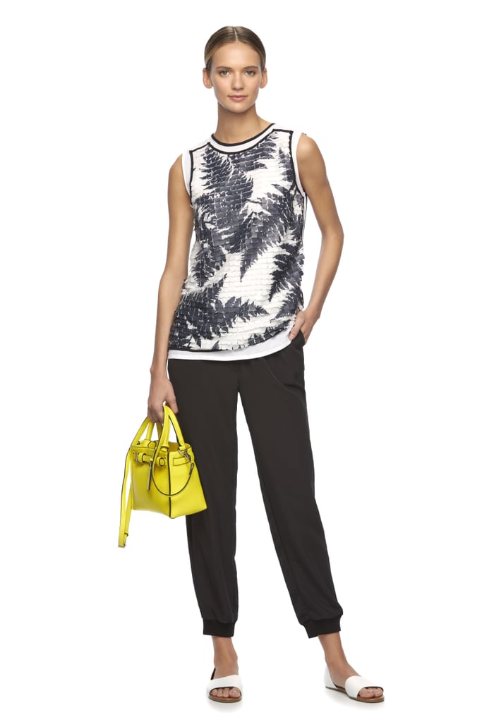 Paillette Fern Top ($78), Soft Jogger Pants ($60), and RK40 Belted Convertible Mini Satchel ($109)