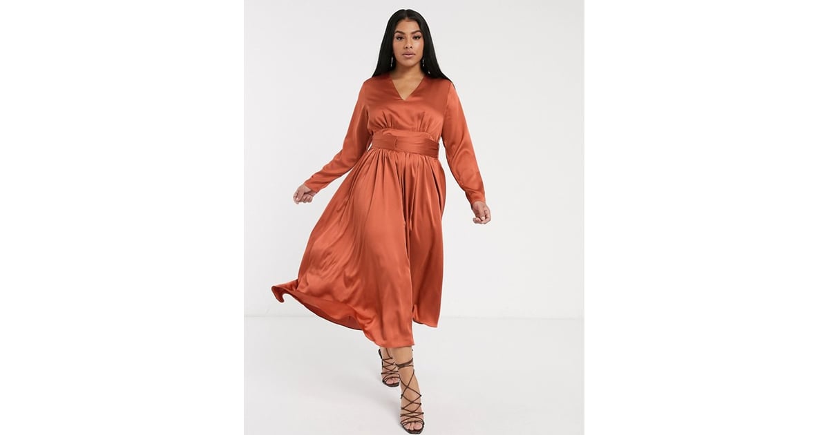 Glamorous Curve Plunge Front Midi Tea Dress in Satin Robe No