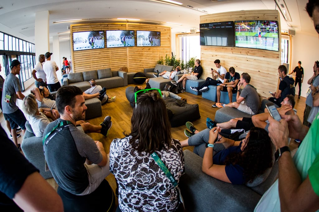 Because even the best Olympians are superfans, Oakley set up a viewing lounge that airs all of the Olympic events in real time. Team USA's beach volleyball duo Kerri Walsh Jennings and April Ross are just some of the 500 athletes who have stopped by the Safe House.