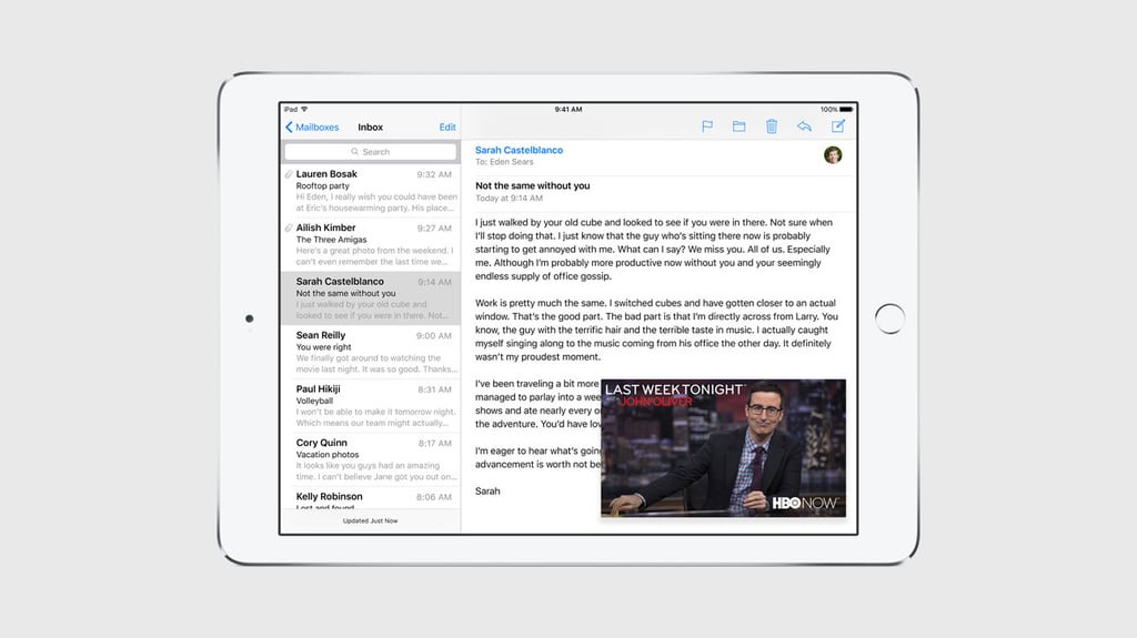 For iPad: "Picture in Picture scales a video down in size so you can keep watching a TV show while you reply to an email."