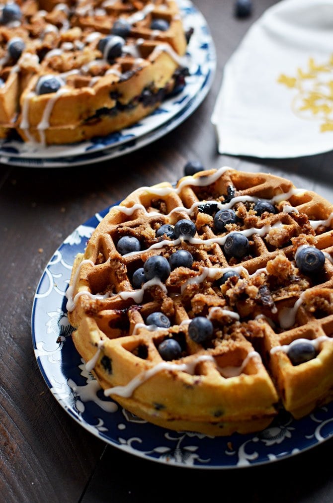 Blueberry Muffin Waffles With Cinnamon Streusel and Vanilla Glaze