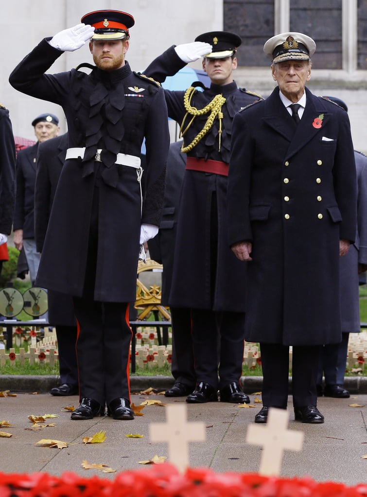 Harry and Philip stood side by side during a remembrance service in November 2015.